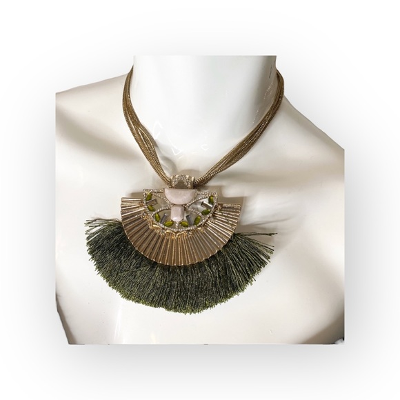 new Jenny Packham ❀ Chic Fringed Crystal Gemstones Necklace ❀ Gold + Olive Green - Picture 9 of 17